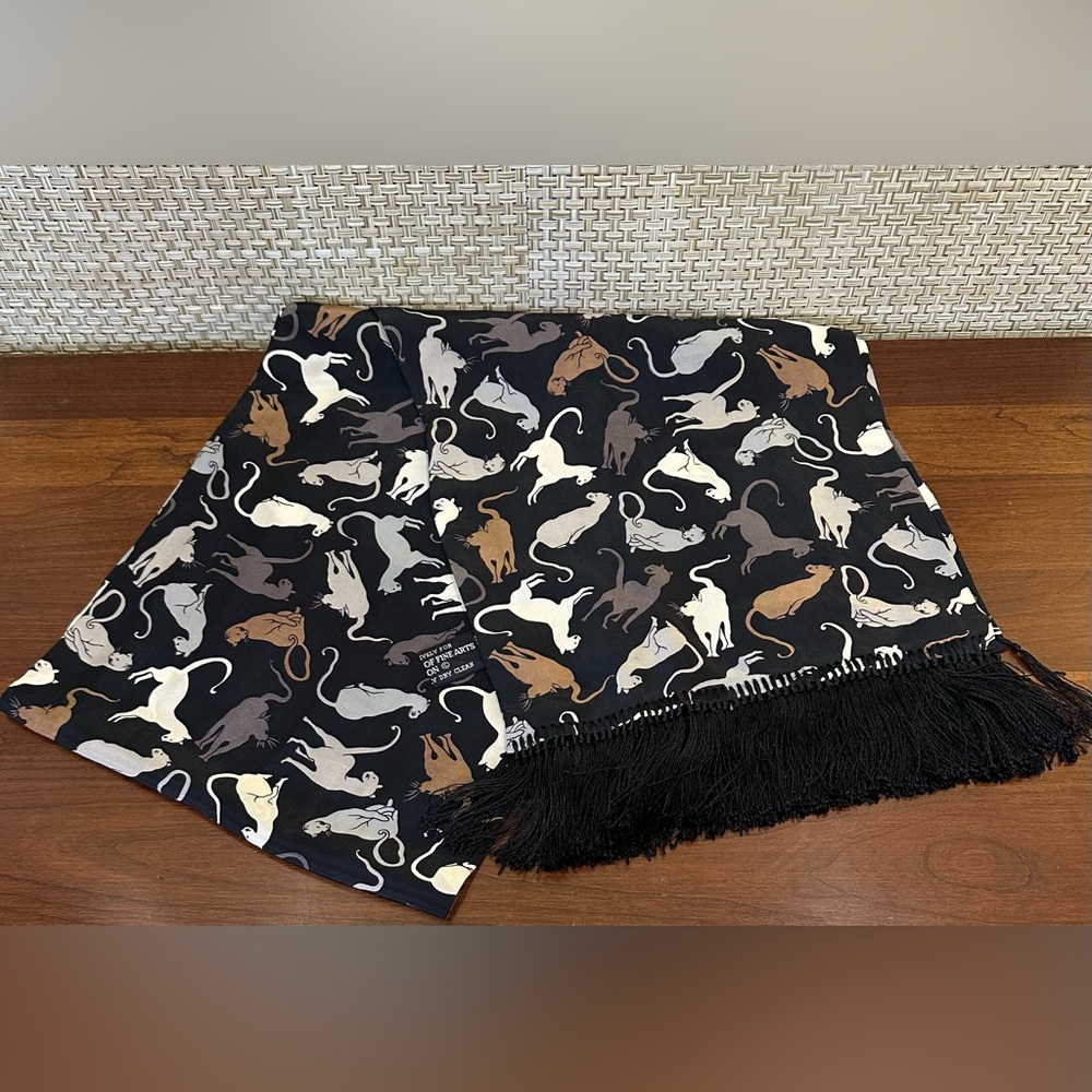 🌟HP🌟VTG 1990s Museum of Fine Arts Boston (MFA) Black 100% Silk Cat Scarf Fringe - Picture 6 of 11